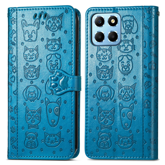 For Honor X8 5G Cute Cat and Dog Embossed Leather Phone Case(Blue) by buy2fix