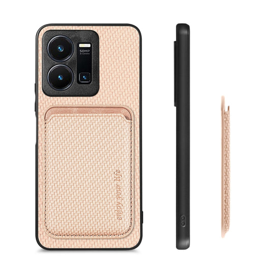 For vivo Y35 Carbon Fiber Leather Card Magsafe Case(Khaki) by buy2fix