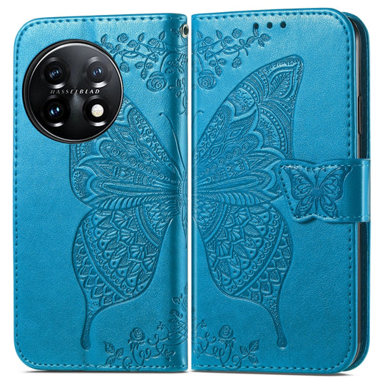 For OnePlus 11 Butterfly Love Flower Embossed Flip Leather Phone Case(Blue) by buy2fix