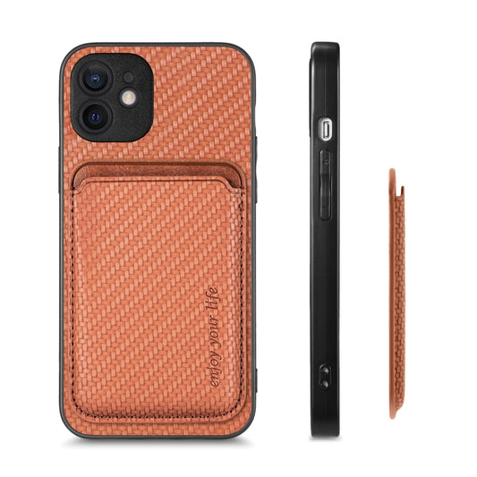 For iPhone 12 Carbon Fiber Leather Card Magsafe Magnetic Phone Case(Brown) by buy2fix