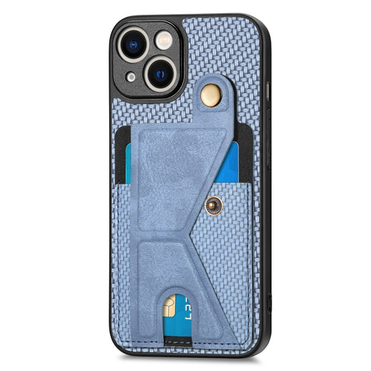 For iPhone 13 Carbon Fiber Wallet Flip Card K-shaped Holder Phone Case(Blue) by buy2fix