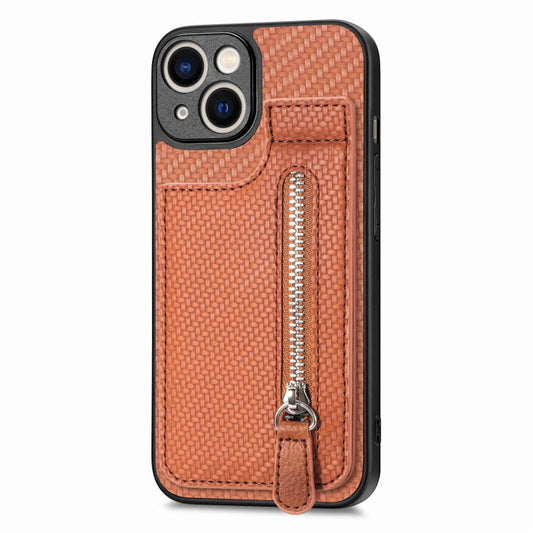 For iPhone 14 Plus Carbon Fiber Vertical Flip Zipper Phone Case(Brown) by buy2fix