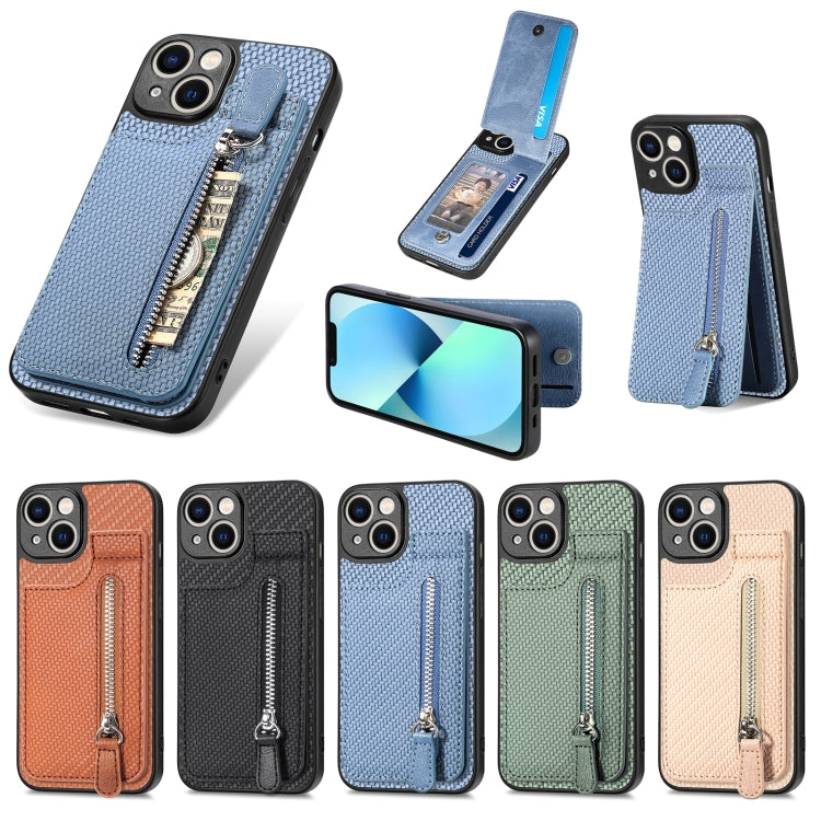 For iPhone 13 mini Carbon Fiber Vertical Flip Zipper Phone Case(Brown) by buy2fix