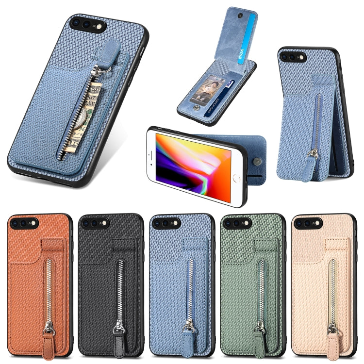 For iPhone SE 2022 / 2020 / 7 / 8 Carbon Fiber Vertical Flip Zipper Phone Case(Blue) by buy2fix