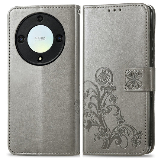 For Honor Magic5 Lite Four-leaf Clasp Embossed Buckle Leather Phone Case(Gray) by buy2fix