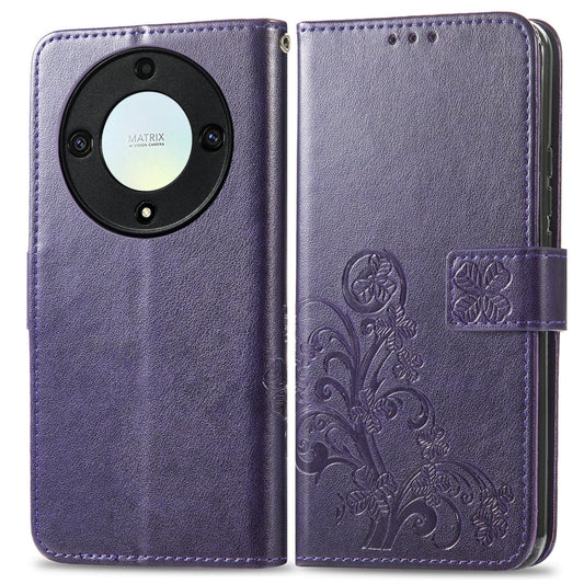 For Honor Magic5 Lite Four-leaf Clasp Embossed Buckle Leather Phone Case(Purple) by buy2fix
