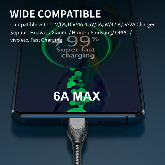 ENKAY ENK-CB132 USB to USB-C / Type-C Carbon Steel Hose Spring 6A Supper Fast Charging Data Cable, Length:2m(Black) by ENKAY