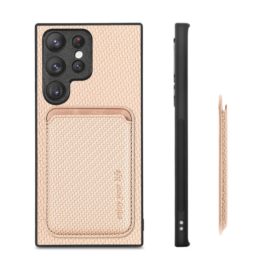 For Samsung Galaxy S22 Ultra 5G Carbon Fiber Leather Card Magsafe Magnetic Phone Case(Khaki) by buy2fix