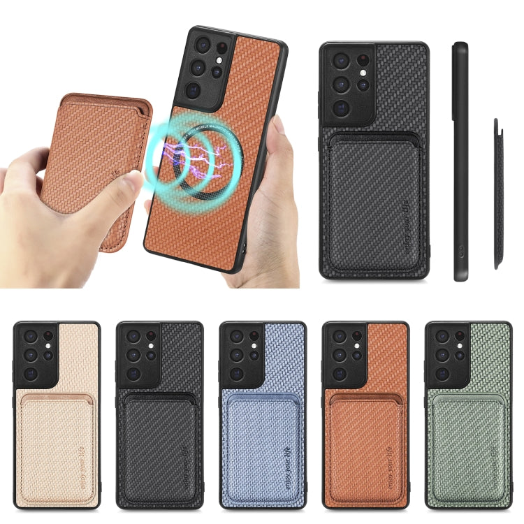 For Samsung Galaxy S21 Ultra 5G Carbon Fiber Leather Card Magsafe Magnetic Phone Case(Black) by buy2fix