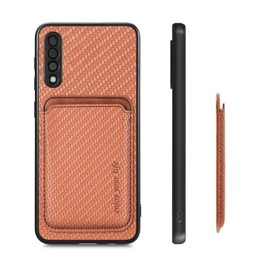 For Samsung Galaxy A50 Carbon Fiber Leather Card Magsafe Magnetic Phone Case(Brown) by buy2fix