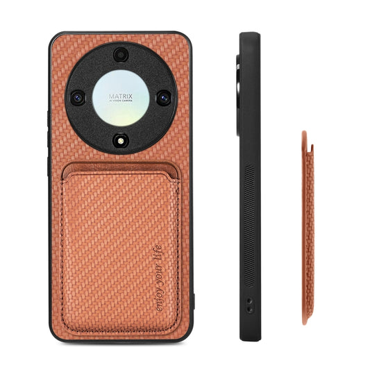 For Honor X9A Carbon Fiber Leather Card Magsafe Magnetic Phone Case(Brown) by buy2fix