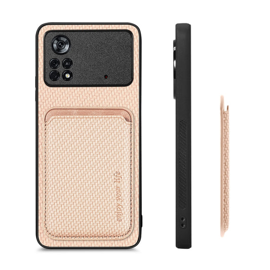 For Xiaomi Poco X4 Pro 5G Carbon Fiber Leather Card Magsafe Magnetic Phone Case(Khaki) by buy2fix