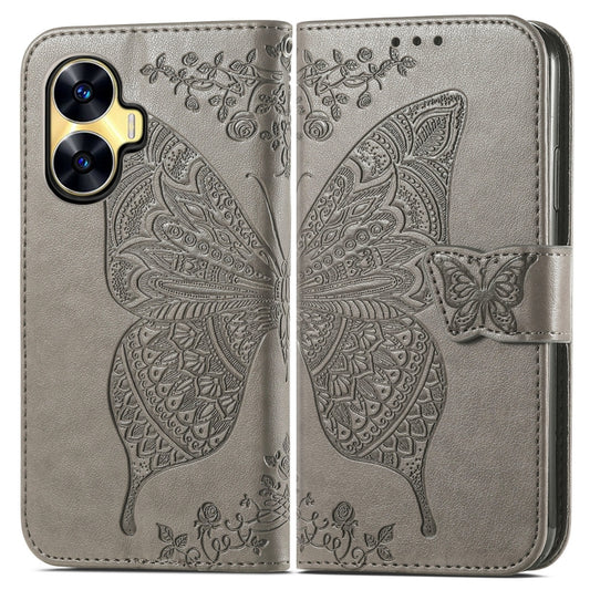 For Realme C55 Butterfly Love Flower Embossed Leather Phone Case(Gray) by buy2fix