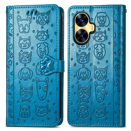 For Realme C55 Cat and Dog Embossed Phone Leather Phone Case(Blue) by buy2fix