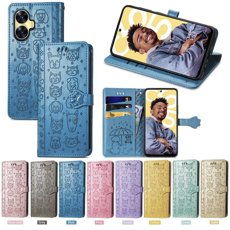 For Realme C55 Cat and Dog Embossed Phone Leather Phone Case(Blue) by buy2fix
