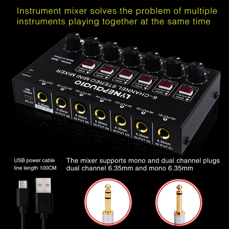 B020 Mini 6-Channel Stereo Audio Mixer Musical Instrument Mixer Electric Wind Electric Guitar Electronic Piano Drums Mixer by buy2fix