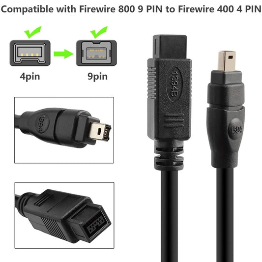 JUNSUNMAY FireWire High Speed Premium DV 800 9 Pin Male To FireWire 400 4 Pin Male IEEE 1394 Cable, Length:1.8m by JUNSUNMAY