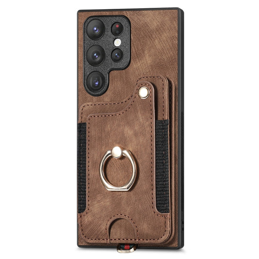 For Samsung Galaxy S22 Ultra 5G Retro Skin-feel Ring Multi-card Wallet Phone Case(Brown) by buy2fix