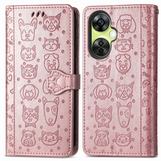 For OnePlus Nord CE 3 Lite Cat and Dog Embossed Leather Phone Case(Rose Gold) by buy2fix