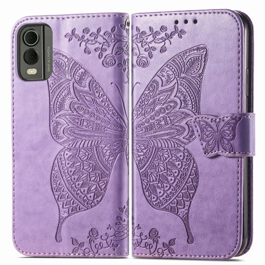 For Nokia C32 Butterfly Love Flower Embossed Leather Phone Case(Lavender) by buy2fix