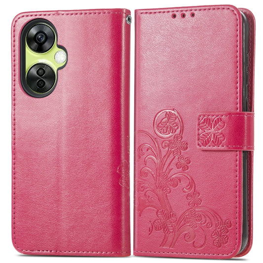For OnePlus Nord CE 3 Lite Four-leaf Clasp Embossed Buckle Leather Phone Case(Magenta) by buy2fix