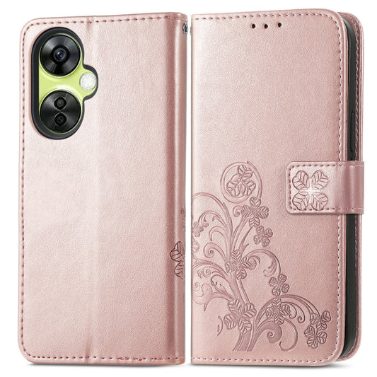 For OnePlus Nord CE 3 Lite Four-leaf Clasp Embossed Buckle Leather Phone Case(Rose Gold) by buy2fix