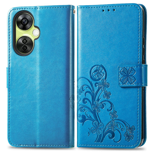 For OnePlus Nord CE 3 Lite Four-leaf Clasp Embossed Buckle Leather Phone Case(Blue) by buy2fix