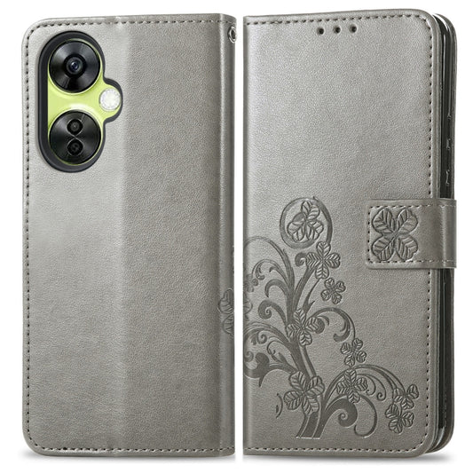 For OnePlus Nord CE 3 Lite Four-leaf Clasp Embossed Buckle Leather Phone Case(Gray) by buy2fix