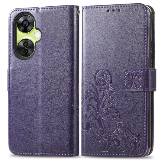 For OnePlus Nord CE 3 Lite Four-leaf Clasp Embossed Buckle Leather Phone Case(Purple) by buy2fix