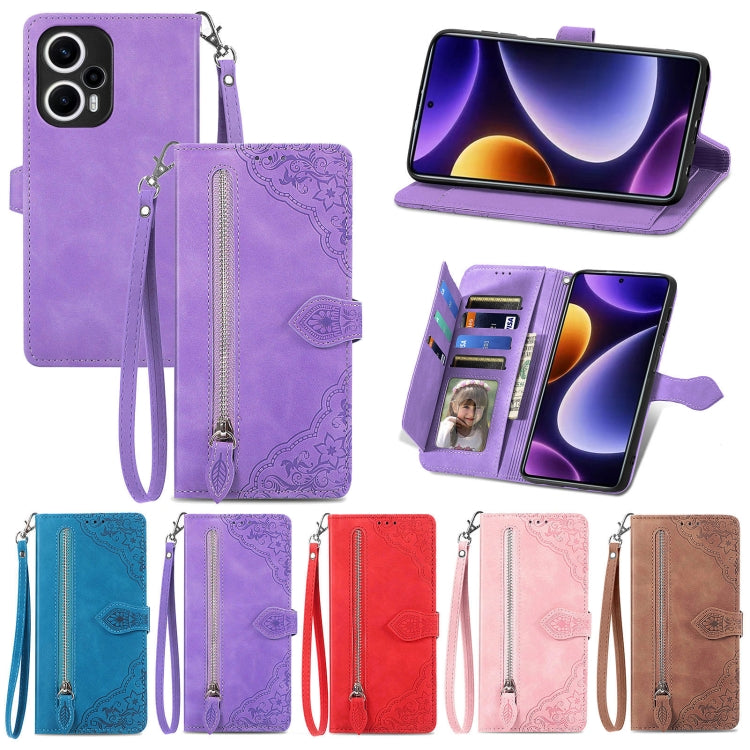 For Xiaomi POCO F5 Embossed Flower Zipper Leather Phone Case(Blue) by buy2fix