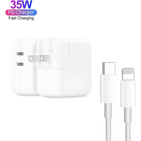 35W PD3.0 USB-C / Type-C Dual Port Charger with 2m Type-C to 8 Pin Data Cable, US Plug by buy2fix