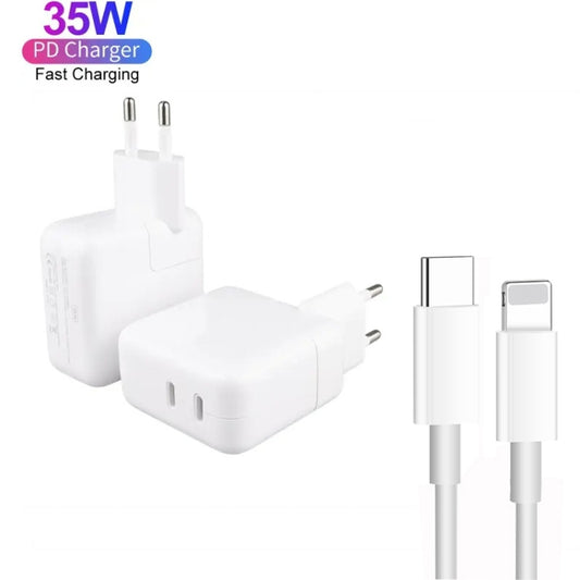 35W PD3.0 USB-C / Type-C Dual Port Charger with 2m Type-C to 8 Pin Data Cable, EU Plug by buy2fix