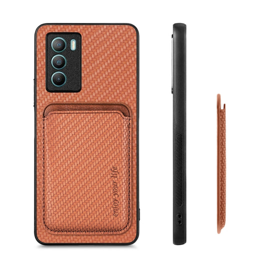 For vivo T1 Carbon Fiber Leather Card Magsafe Phone Case(Brown) by buy2fix