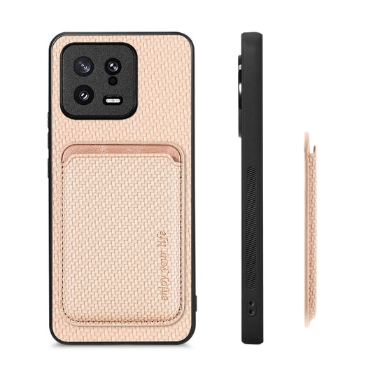 For Xiaomi 13 Carbon Fiber Leather Card Magnetic Phone Case(Khaki) by buy2fix