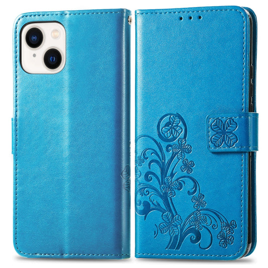 For iPhone 15 Plus Four-leaf Clasp Embossed Buckle Leather Phone Case(Blue) by buy2fix