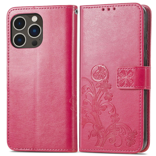 For iPhone 15 Pro Four-leaf Clasp Embossed Buckle Leather Phone Case(Magengta) by buy2fix