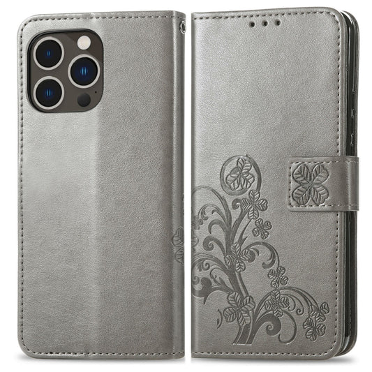 For iPhone 15 Pro Four-leaf Clasp Embossed Buckle Leather Phone Case(Gray) by buy2fix