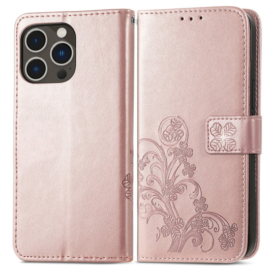 For iPhone 15 Pro Max Four-leaf Clasp Embossed Buckle Leather Phone Case(Rose Gold) by buy2fix
