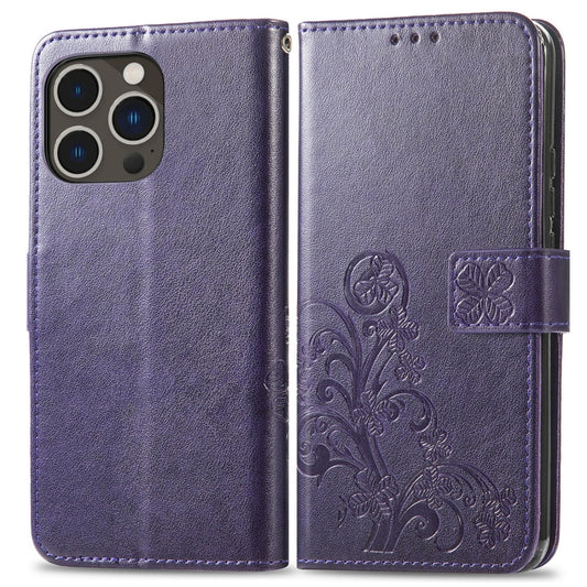 For iPhone 15 Pro Max Four-leaf Clasp Embossed Buckle Leather Phone Case(Purple) by buy2fix