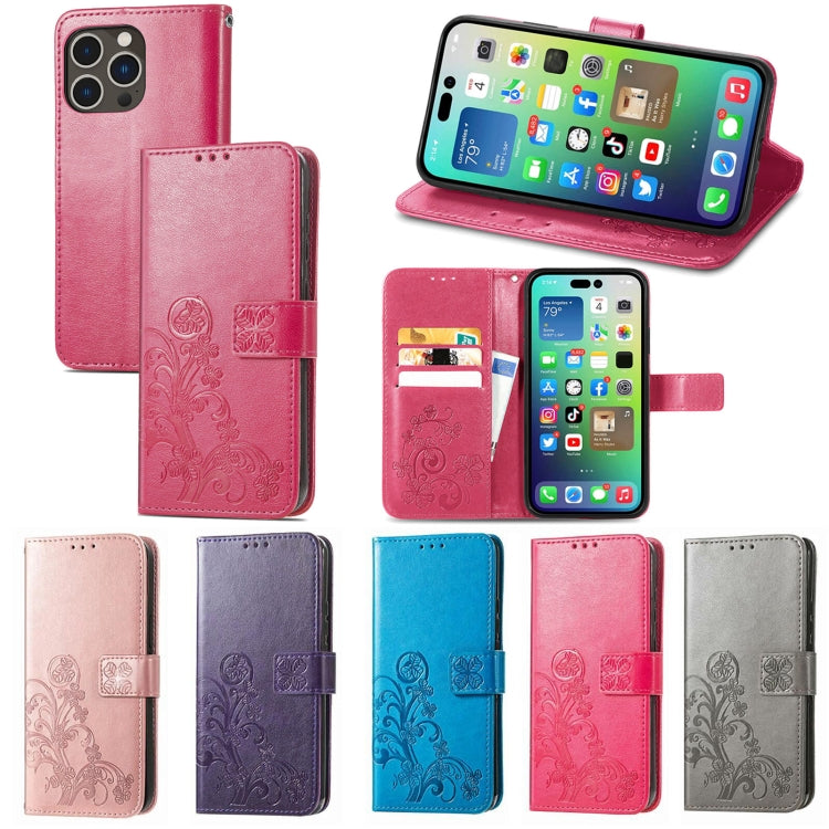For iPhone 15 Pro Four-leaf Clasp Embossed Buckle Leather Phone Case(Blue) by buy2fix