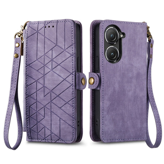 For ASUS Zenfone 9 Geometric Zipper Wallet Side Buckle Leather Phone Case(Purple) by buy2fix
