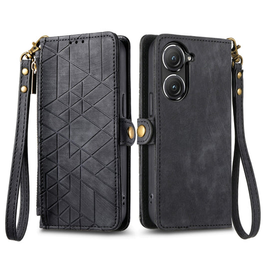 For ASUS Zenfone 9 Geometric Zipper Wallet Side Buckle Leather Phone Case(Black) by buy2fix