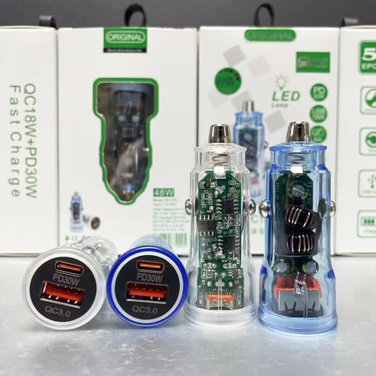 P35 48W PD30W + QC3.0 18W USB Transparent Car Charger with Type-C to 8 Pin Phone Data Cable(Transparent Blue) by buy2fix