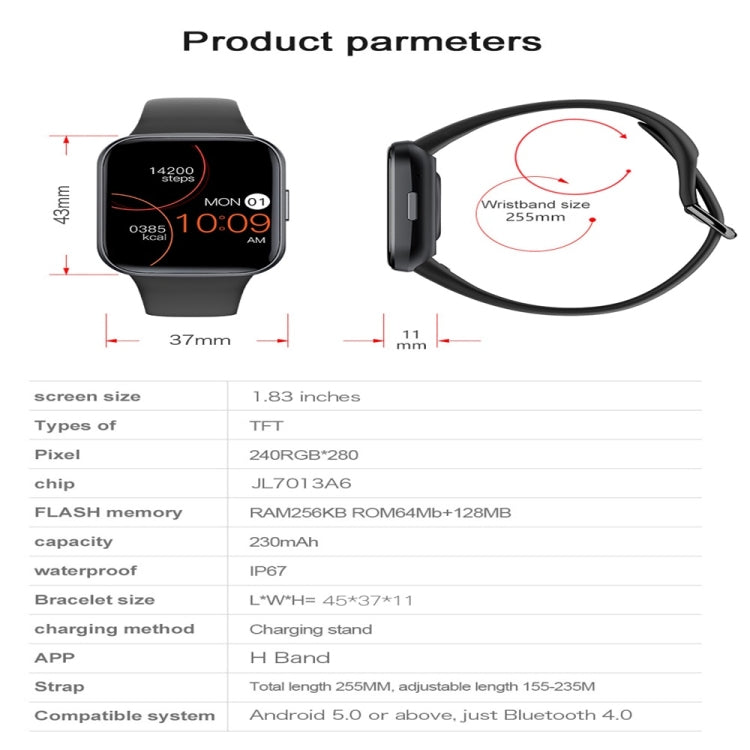 Y83 1.83 inch Color Screen Smart Watch,Support Heart Rate / Blood Pressure / Blood Oxygen / Blood Glucose Monitoring(Black) by buy2fix