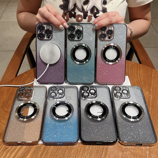 For iPhone 14 Plus Gradient Glitter Electroplating MagSafe TPU Phone Case(Silver) by buy2fix