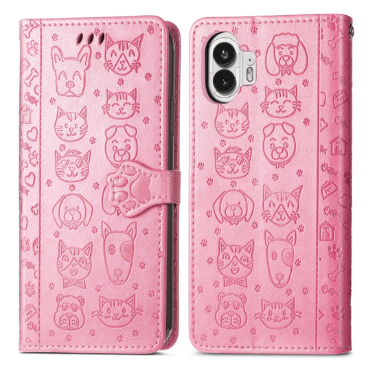 For Nothing Phone 2 Cat and Dog Embossed Leather Phone Case(pink) by buy2fix