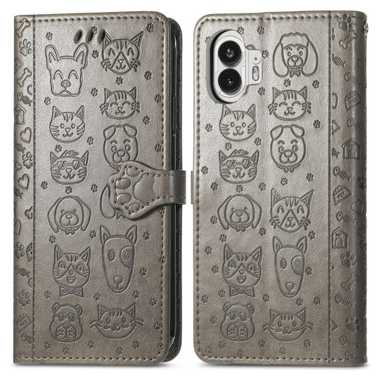 For Nothing Phone 2 Cat and Dog Embossed Leather Phone Case(Grey) by buy2fix
