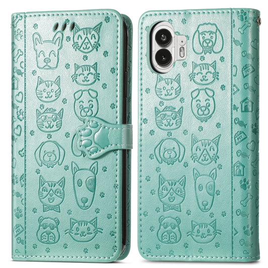 For Nothing Phone 2 Cat and Dog Embossed Leather Phone Case(Green) by buy2fix