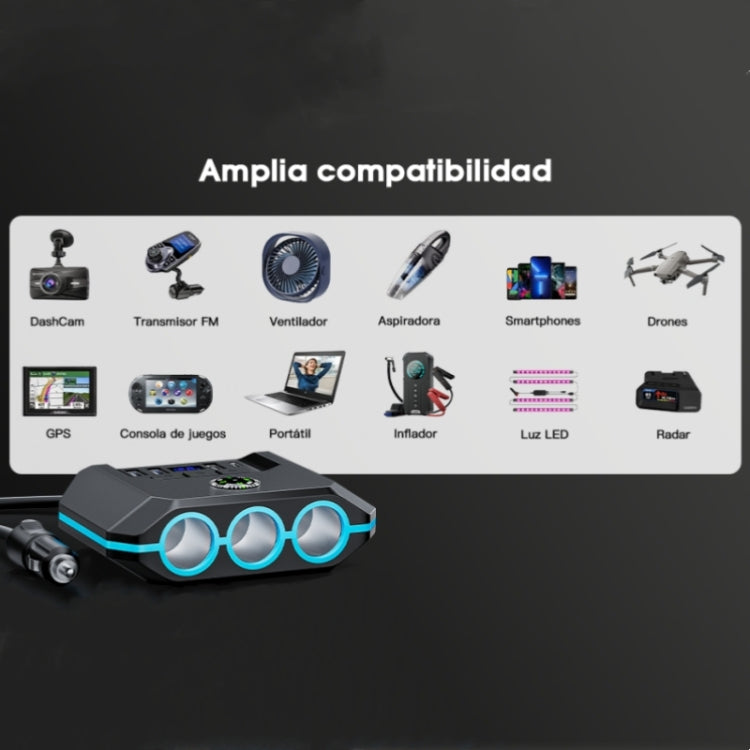 TR-52 With LED Voltage Display QC3.0 Car Fast Charging 3 Socket Adapter by buy2fix