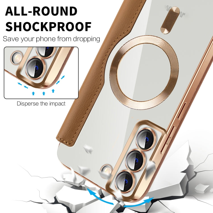 For Samsung Galaxy S23 Ultra 5G Shield MagSafe RFID Anti-theft Rhombus Leather Phone Case(Brown) by buy2fix